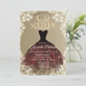 Burgundy Dress,Crown,Lace Kraft Sweet 16 Party Kaart (Staand voorkant)