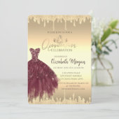 Burgundy Dress, Glitter Drift Gold Quinceañera Kaart (Staand voorkant)