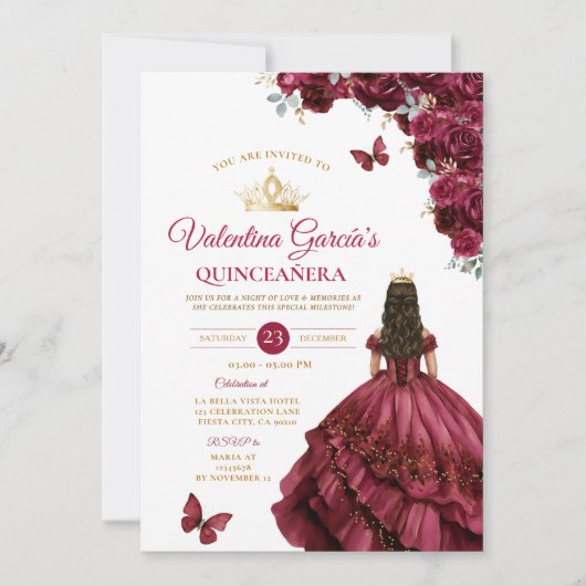 Burgundy Dress Quinceañera 15 Anos Flowers Gold Kaart (Voorkant)