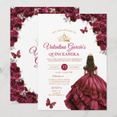 Burgundy Dress Quinceañera 15 Anos Flowers Gold Kaart (Voorkant / Achterkant)