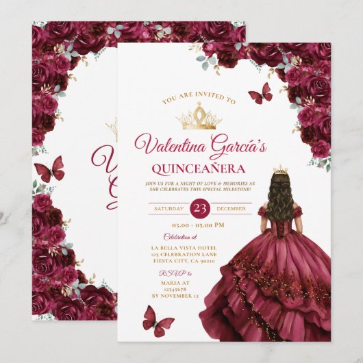 Burgundy Dress Quinceañera 15 Anos Flowers Gold Kaart (Voorkant / Achterkant)