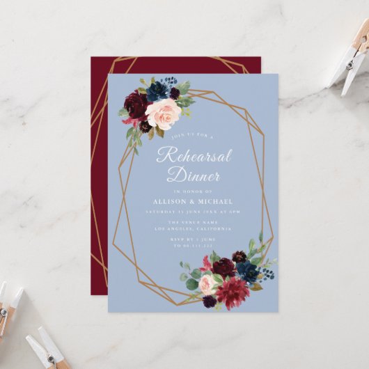 burgundy dusty blauw geometrisch repetitief diner kaart (Voorkant / Achterkant in situ)