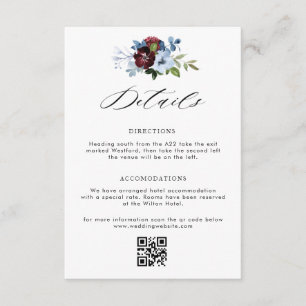 burgundy dusty blue floral bruiloft informatiekaartje