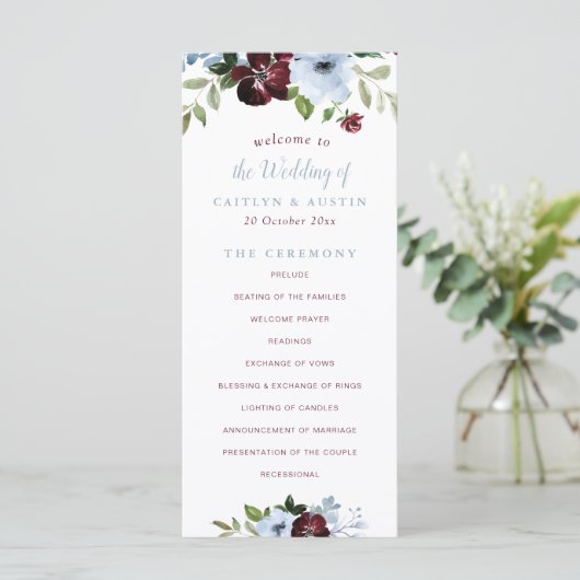 burgundy dusty blue floral bruiloft programmakaart (Staand voorkant)
