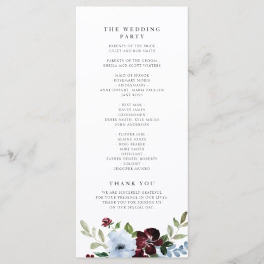 burgundy dusty blue floral bruiloft programmakaart (Achterkant)