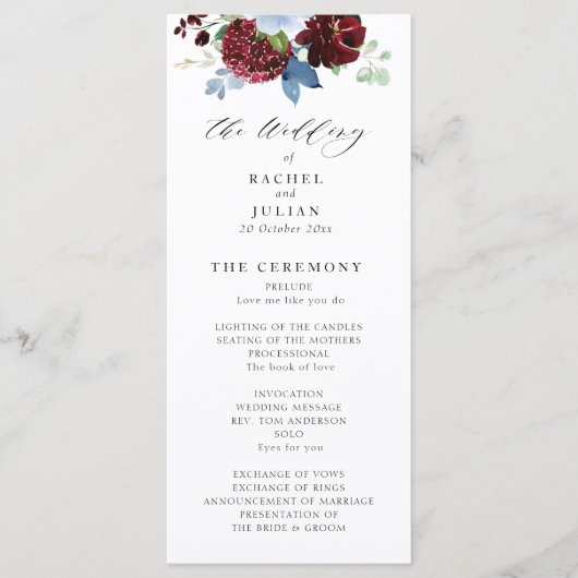 burgundy dusty blue floral bruiloft programmakaart (Voorkant)