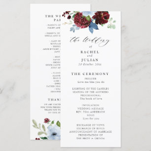 burgundy dusty blue floral bruiloft programmakaart
