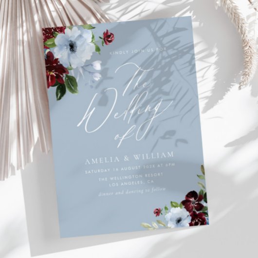 burgundy dusty blue floral bruiloft uitnodiging