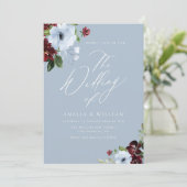 burgundy dusty blue floral bruiloft uitnodiging (Staand voorkant)