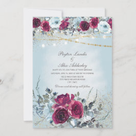 Burgundy Dusty Blue Floral Glitter Wedding Kaart