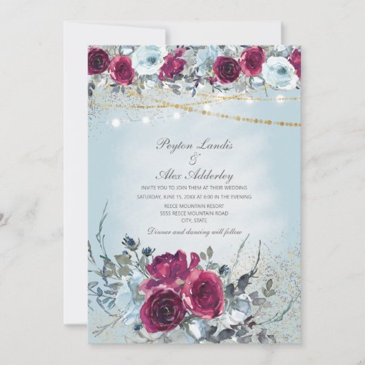 Burgundy Dusty Blue Floral Glitter Wedding Kaart (Voorkant)