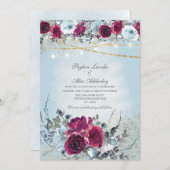Burgundy Dusty Blue Floral Glitter Wedding Kaart (Voorkant / Achterkant)