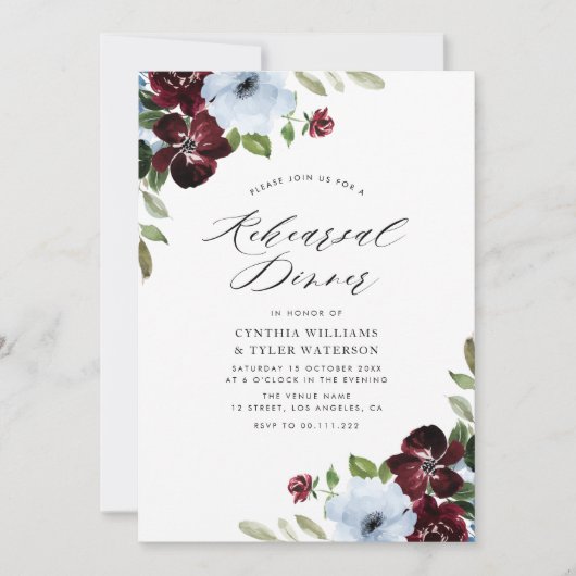 burgundy dusty blue floral reheardiner kaart (Voorkant)