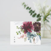 Burgundy Dusty Blue Floral Waterverf Wedding RSVP Briefkaart (Staand voorkant)