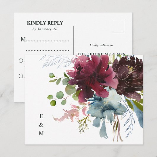 Burgundy Dusty Blue Floral Waterverf Wedding RSVP Briefkaart (Voorkant / Achterkant)