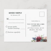 Burgundy Dusty Blue Floral Waterverf Wedding RSVP Briefkaart (Achterkant)
