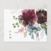 Burgundy Dusty Blue Floral Waterverf Wedding RSVP Briefkaart (Voorkant)