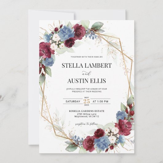 Burgundy Dusty Blue Geometric Digital Invitation Kaart (Voorkant)