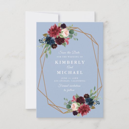 burgundy dusty blue geometric save the date card (Voorkant)