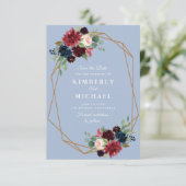 burgundy dusty blue geometric save the date card (Staand voorkant)