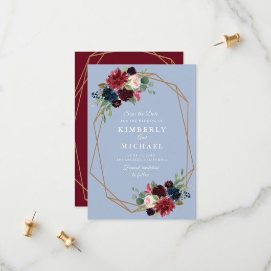 burgundy dusty blue geometric save the date card (Voorkant / Achterkant in situ)