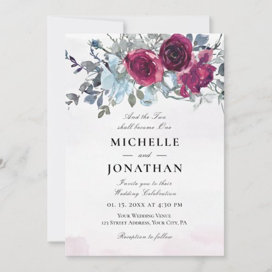 Burgundy Dusty Blue Roos Floral Christelijk bruilo Kaart (Voorkant)
