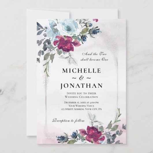 Burgundy Dusty Blue Roos Garden Christelijk bruilo Kaart (Voorkant)