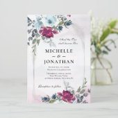 Burgundy Dusty Blue Roos Garden Christelijk bruilo Kaart (Staand voorkant)