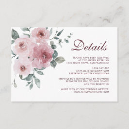 Burgundy Dusty Pink Floral Wedding Details Informatiekaartje