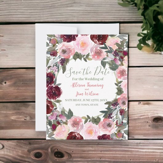 Burgundy Dusty Pink Rose Waterverf bespaart datum Save The Date