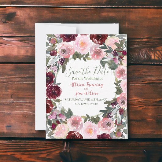 Burgundy Dusty Pink Rose Waterverf bespaart datum Save The Date