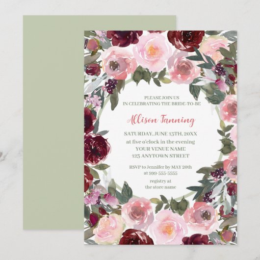 Burgundy Dusty Pink Rose Waterverf Vrijgezellenfee Kaart (Voorkant / Achterkant)