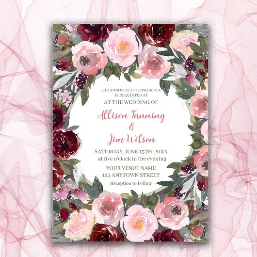 Burgundy Dusty Pink Rose Waterverf Weddenschap Kaart
