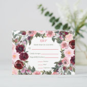 Burgundy Dusty Pink Rose Waterverf Weddenschap RSV RSVP Kaartje (Staand voorkant)