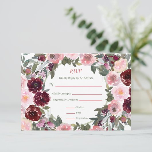 Burgundy Dusty Pink Rose Waterverf Weddenschap RSV RSVP Kaartje (Staand voorkant)