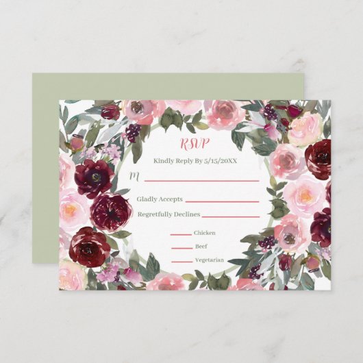 Burgundy Dusty Pink Rose Waterverf Weddenschap RSV RSVP Kaartje (Voorkant / Achterkant)