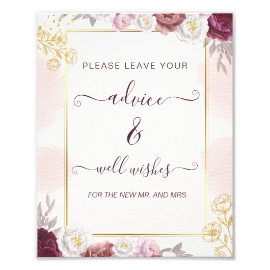 Burgundy Dusty Roos Advice & Wishes Poster Sign (Voorkant)