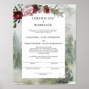 Burgundy Dusty Roos Floral Certificate of Marriage Poster