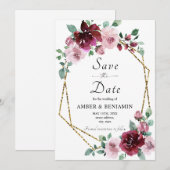 Burgundy Dusty Roos Floral Gold Save the Date Kaart (Voorkant / Achterkant)