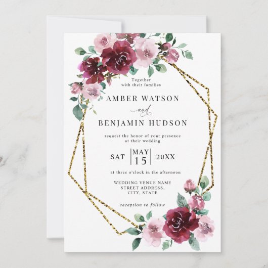 Burgundy Dusty Roos Gold Foil Floral Wedding Kaart (Voorkant)