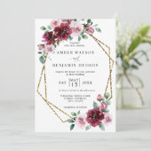 Burgundy Dusty Roos Gold Foil Floral Wedding Kaart (Staand voorkant)
