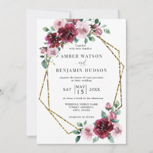 Burgundy Dusty Roos Gold Foil Floral Wedding Kaart