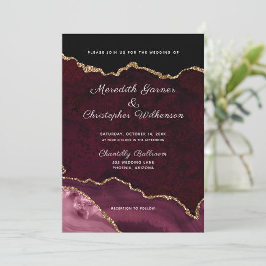 Burgundy Elegance Gold Glitter Agate Wedding Kaart (Staand voorkant)
