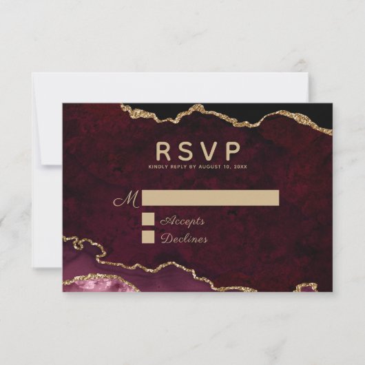 Burgundy Elegance Gold Glitter Agate Wedding RSVP Kaartje (Voorkant)