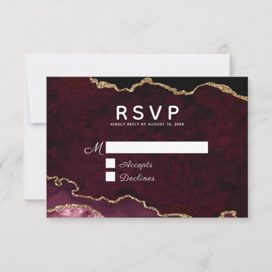 Burgundy Elegance Gold Glitter Agate Wedding RSVP Kaartje (Voorkant)