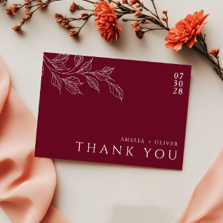 Burgundy Elegant Botanical Garden Wedding Bedankkaart