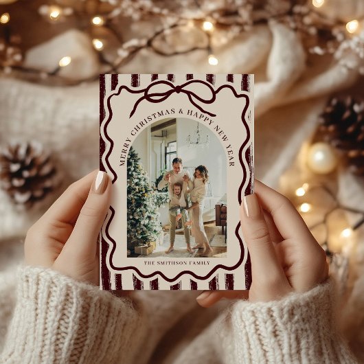 Burgundy Elegant Bow Photo Christmas Feestdagenkaart