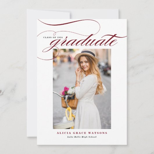 Burgundy Elegant Calligraphy Photo Afstuderen Aankondiging (Voorkant)