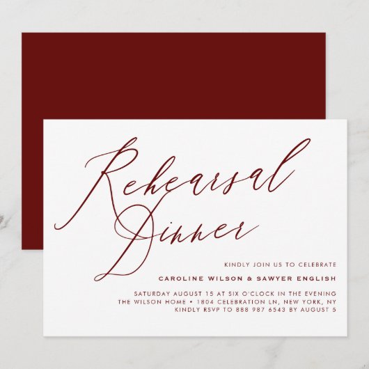 Burgundy Elegant Calligraphy Rehearsal Dinner Kaart (Voorkant / Achterkant)