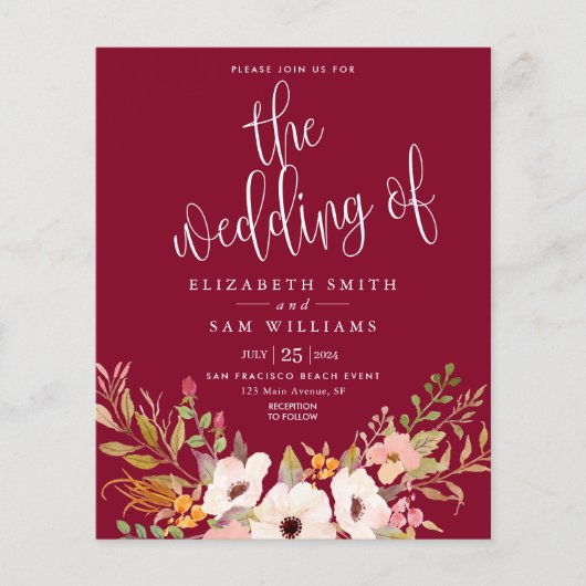 Burgundy Elegant Floral Herfst Budget Wedding Invi Flyer (Voorkant)
